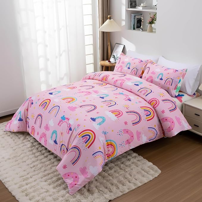 Btargot Lightweight Soft 3 Piece Rainbow Comforter Set with 2 Pillow Covers, Cartoon Love Hearts Suns and Stars Bedding Set for Girls Boys Kids, Twin Light Pink