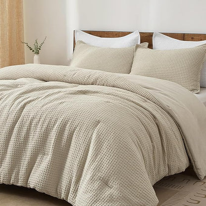 PHF Ultra Soft Waffle Weave Comforter Set Twin Size, 2 Pieces Lightweight Breathable Comfy Bedding Set, Comfy Textured 1 Comforter with 1 Pillow Shams, Linen