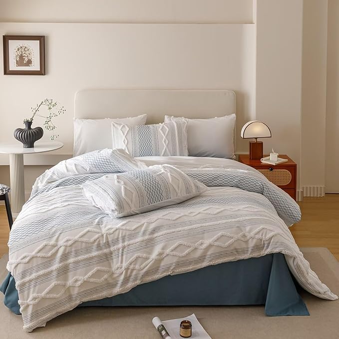 Houseri Tufted Blue Comforter Set California King Jacquard Bedding Shabby Chic Farmhouse Bed Sets Cal King