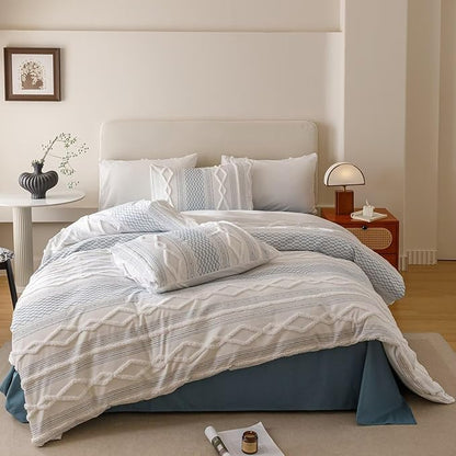 Houseri Tufted Blue Comforter Set California King Jacquard Bedding Shabby Chic Farmhouse Bed Sets Cal King