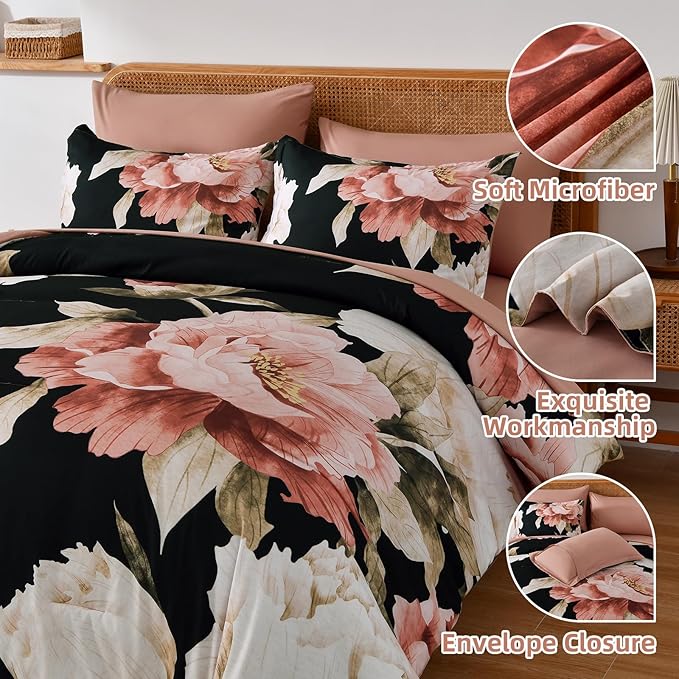 Dobuyly Black King Size Comforter Set 7 Piece Bed in a Bag, Pink Floral Printed on Black Comforter Set with Sheets, Soft Microfiber Botanical Flower Bedding Set for All Season