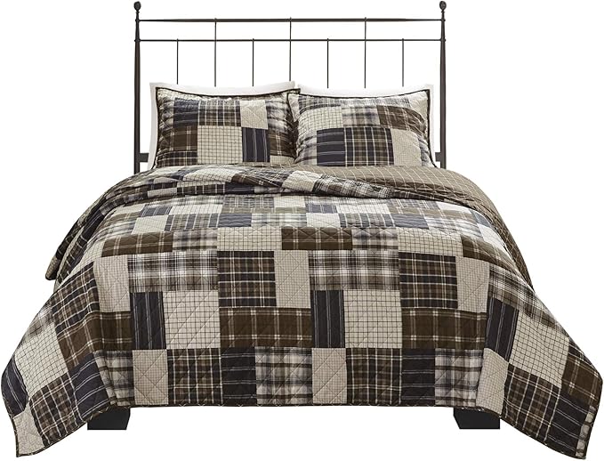 Madison Park Reversible Quilt Cabin Lifestyle Plaid Design - All Season, Breathable Coverlet Bedspread Bedding Set, Matching Shams, Timber Black/Brown King/Cal King(104"x94") 3 Piece