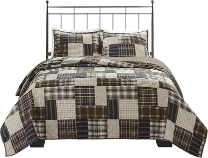 Madison Park Reversible Quilt Cabin Lifestyle Plaid Design - All Season, Breathable Coverlet Bedspread Bedding Set, Matching Shams, Timber Black/Brown Full/Queen(90"x90") 3 Piece