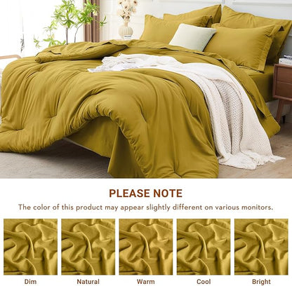 MUXHOMO 7 Pieces Full Comforter Set, Soft Bed in a Bag Full Size, All Season Bedding Set with Comforter, Flat Sheet, Fitted Sheet, Pillowcases & Shams, Mustard Yellow