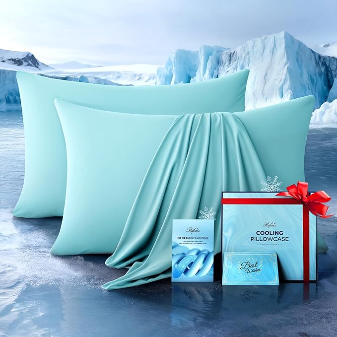 Ultra-Chill Cooling Pillowcase Set of 2 for Hot Sleepers, Softer Than Silk Pillow Cases for Protecting Hair & Skin, Breathable Bed Pillow Covers w/Zipper, Gifts for Women Men (Mint Blue, Standard)
