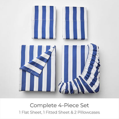 Mellanni California King Sheets Set - 4 PC Iconic Collection Bedding - Hotel Luxury, Soft, Cooling Bed Sheets - Wrinkle, Fade, Stain Resistant (Cal King, Oxford Stripe Blue Nova)