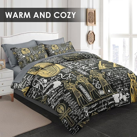 Comforter Set King Size, Retro Egyptian Egypt 7 Pcs Bedding for Kids and Adults, God Pharaoh Abstract Bed Sheet Sets with Fitted Sheet 2 Pillowcases & 2 Shams for Bedroom Bed Decor