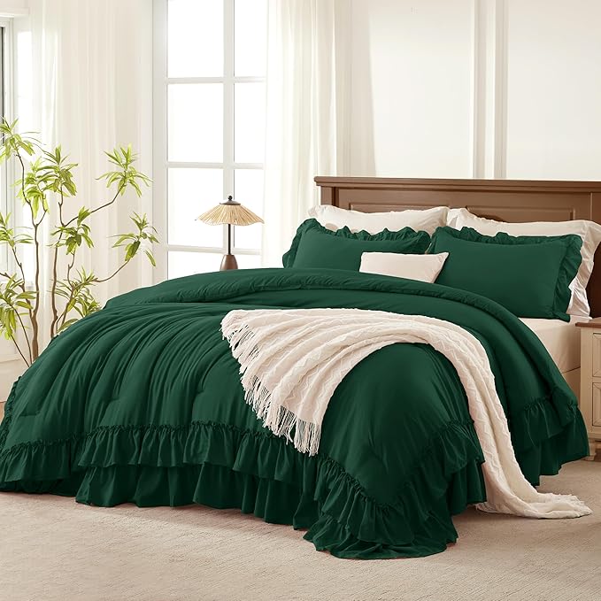 Andency Dark Green Ruffle Comforter Set King, Shabby Chic Farmhouse Bedding Comforter, Soft Lightweight Fluffy Polyester Bet Set All Season 3 Pieces Solid Comforter Set