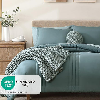 Monbix Queen Comforter Set - 7 Pieces Blue Green Bed in a Bag Queen Bedding Sets with Comforters, All Seasons Comforter Bed Set with Sheets,Pillowcases & Shams