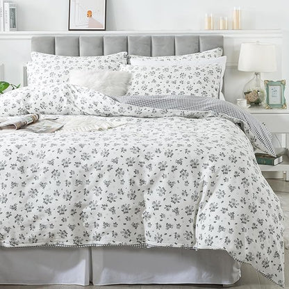 FADFAY Floral Duvet Cover Set Twin XL - 100% Cotton College Comforter Cover Set with Hidden Zipper - Grey Rose Flower Pattern - Soft Breathable Farmhouse Bedding for Dorm Room, School - 3 Pcs