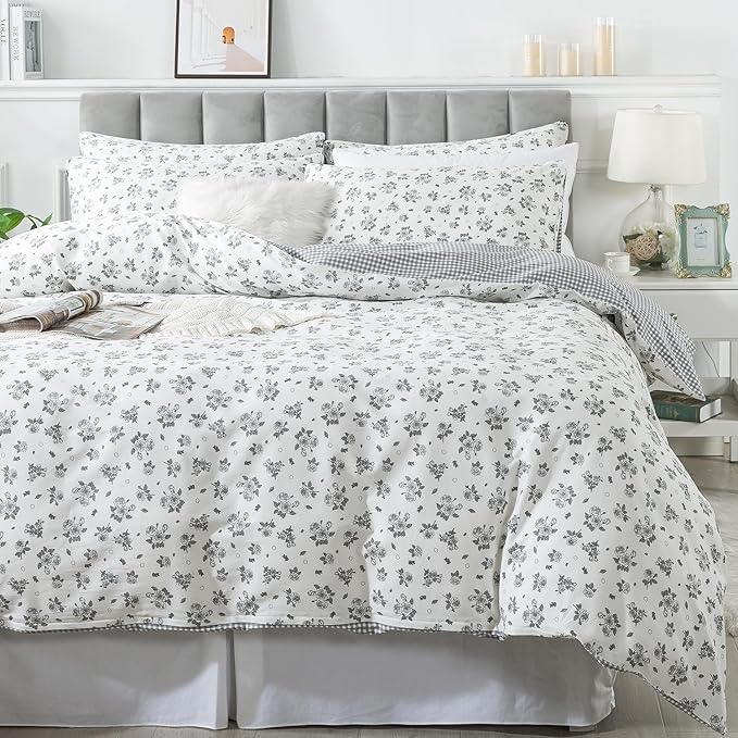 FADFAY Twin Size Duvet Cover Set 100% Cotton Grey White Floral Comforter Cover Soft Breathable Girls Bed Cover Farmhouse Bedding with Hidden Zipper 3 Pcs, Twin