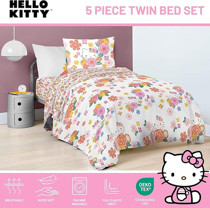 Jay Franco Hello Kitty Twin Size Comforter Set - 7 Piece Bedding Includes Sheet Set & Pillow Covers - Super Soft Floral Bedding