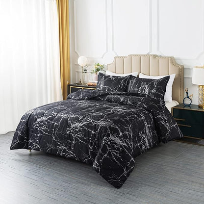 Caressma Black Marble Comforter Set King, 3 Pieces Modern Pattern Soft Microfiber Bedding Comforter Set, Down Alternative Comforters for All Season (104 * 90")
