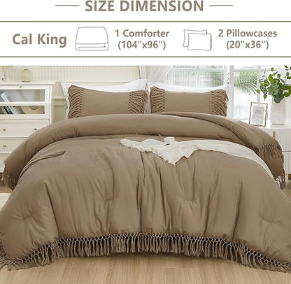 Andency Taupe Comforter Set California King, 3 Pieces Boho Tassel Lightweight Soft Bedding Comforter Sets for King Bed, All Season Fluffy Fringe Bed Set (104x96In Comforter & 2 Pillowcases)