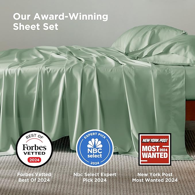 Bedsure Queen Sheet Set, Rayon Derived from Bamboo, Cooling Sheets, PureWoven, Breathable & Soft, Deep Pocket Up to 16 Inches, Hotel Luxury Silky Bedding for Hot Sleepers, Sage Green
