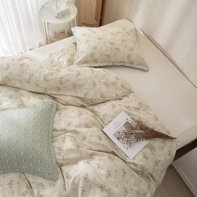 VM VOUGEMARKET Floral Bedding Twin Reversible Gray Beige Flower Duvet Cover Set,Cottagecore Duvet Cover Matching 2 Pillowcases 100% Cotton Chic Girls Bedding Set -Twin(68"x86")