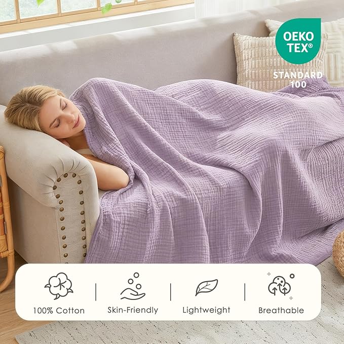 EMME Cotton Muslin Large Throw Blanket Couch Breathable Gauze Soft Lightweight Bed Blankets Adults (Heather Lavender, 50"x70")