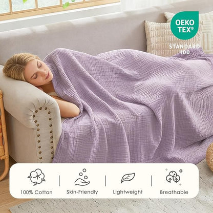 EMME Cotton Muslin Twin XL Blanket Breathable Gauze Soft Lightweight Adults Gifts for Women (Heather Lavender, 66"x90")