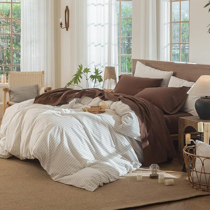 MooMee Fitted Bottom Sheet Only 100% Washed Cotton Linen Like Textured Breathable Durable Soft Comfy Deep Pocket Fits Mattress up to 17" (Cocoa Brown, Twin)