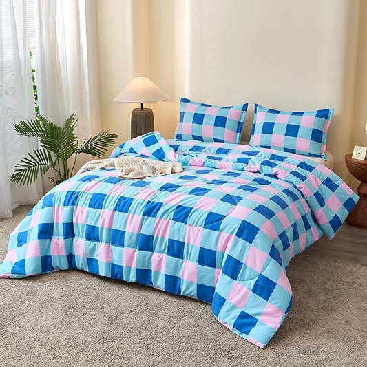 Caressma Comforter Set Blue and Pink Checkered King Size, 3 Pieces Buffalo Grid Comforter Bedding Set, Geometric Checkered Bedding with Pillowshams