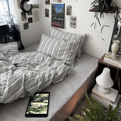 mixinni Washed Cotton Duvet Cover Twin Set - 3 Piece Gray & White Striped Bedding with Pillowcases | Vintage Industrial Style | 100% Cotton Soft Breathable-Twin Size