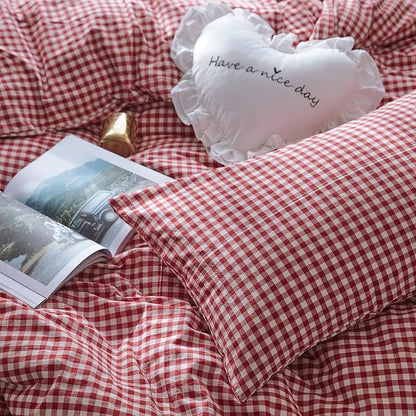 mixinni Red Gingham Comforter Set Twin XL, Plaid Comforter Set 3 Pieces 1 Red Grid Comfoter with 2 Pillow Cases for All Seasons, Soft Fluffy Modern Grid Pattern Printed Bedding-Twin XL Size