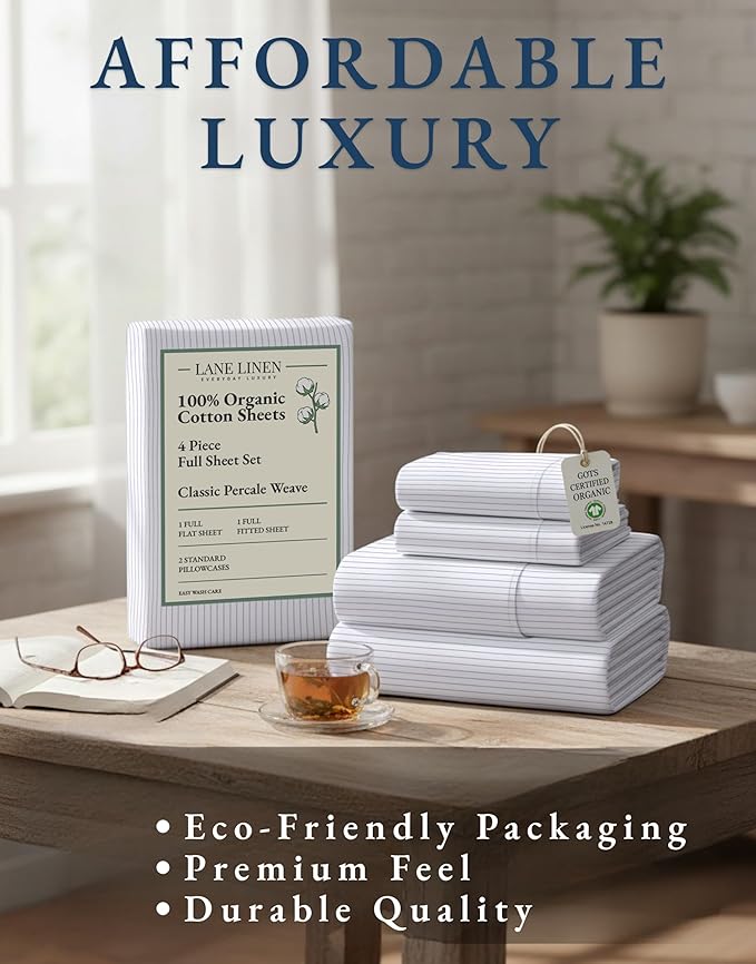 LANE LINEN 100% Organic Cotton Full Sheet Set, Low Pilling Fade Resistant Machine Washable Naturally Cooling Full Bed Sheets, Soft & Comfy Printed Cotton Bedding- Blue Ticking Stripe