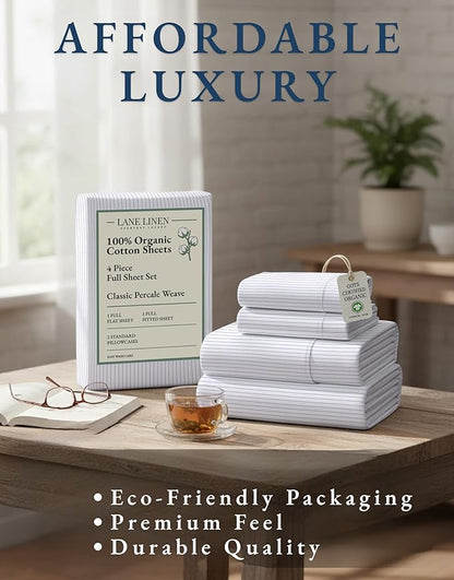 LANE LINEN 100% Organic Cotton Full Sheet Set, Low Pilling Fade Resistant Machine Washable Naturally Cooling Full Bed Sheets, Soft & Comfy Printed Cotton Bedding- Blue Ticking Stripe