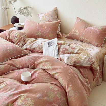 VM VOUGEMARKET Pastoral Double Layer Gauze Cotton Duvet Cover Set – Peach Blush Floral Jacquard,Cozy Reversible Vintage Bedding Set King Size