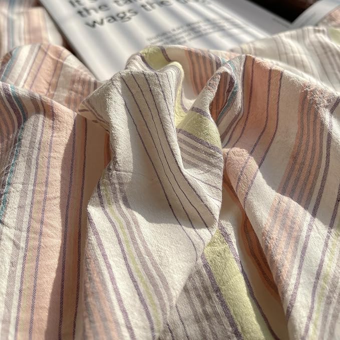 EAVD Pink Blue Yellow Striped Duvet Cover King Soft Washed Cotton Bedding Set 3 Pieces Pinstriped Bedding Set with 2 Pillowcases Reversible Farmhouse Geometric Pattern Duvet Cover with Zipper