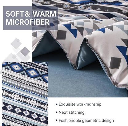 Dinjoy Navy Boho Comforter Set Queen Size,7 Pieces Bed in a Bag Queen Dark Blue Aztec Bedding with Sheets Bohemian Geometric Striped Complete Set for Fall Winter 90"x90"