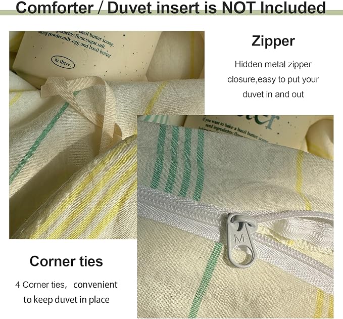 EAVD Retro Striped Duvet Cover Set Queen Size Soft 100% Cotton Vintage Yellow Green Stripes Pattern Bedding Set with 2 Pillowcases Reversible Farmhouse Geometric Printed Duvet Cover with Zipper