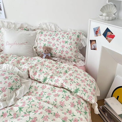HighBuy Lace Ruffled Comforter Set Full Coquette Cottagecore White Pink Floral Bedding Comforter Cozy Soft with 2 Ruffle Pillowcases,Princess Quilted Comforters Fluffy Chic Skin Friendly