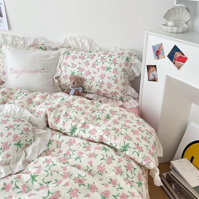HighBuy White Ruffle Comforter Set Twin XL with Blush Flower Romantic Lace Comforter with 2 Ruffle Lace Pillowcases Coquette Cottagecore Bedding Set 3 Piece Shabby Chic Floral Comforter Sets