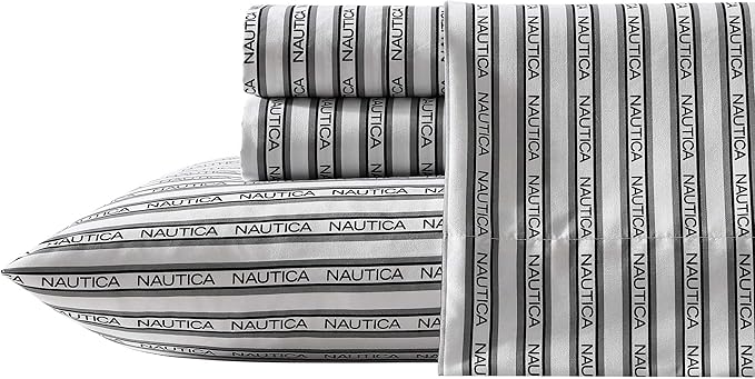 Nautica - Twin XL Sheet Set, Breathable & Cooling Microfiber Bedding with Matching Sham(s), Casual Home Decor (Striped Nautica Logo Grey, Twin XL)