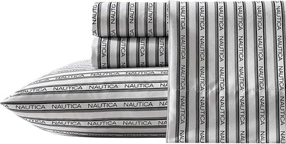 Nautica - Twin XL Sheet Set, Breathable & Cooling Microfiber Bedding with Matching Sham(s), Casual Home Decor (Striped Nautica Logo Grey, Twin XL)