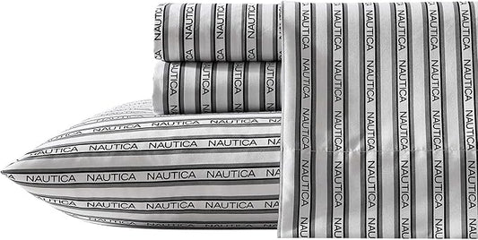 Nautica - Twin XL Sheet Set, Breathable & Cooling Microfiber Bedding with Matching Sham(s), Casual Home Decor (Striped Nautica Logo Grey, Twin XL)