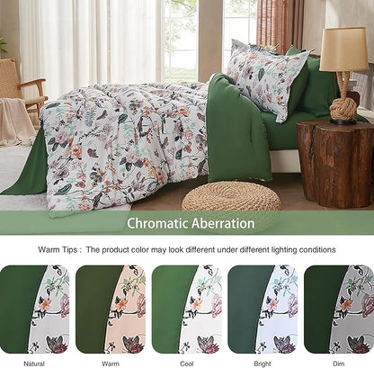 7 Piece King Comforter Set, Green Butterfly Floral Comforter Set with Flowers Leaves Pattern, Soft Microfiber Complete Bedding Set for All Season(Dark Green, King)
