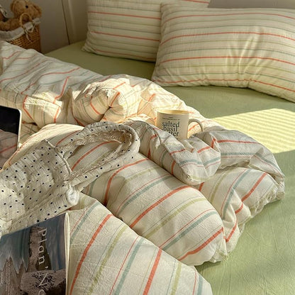 EAVD Vintage Colorful Striped Comforter Set Queen Soft Cotton 3-Piece Retro Vertical Striped Bedding Set with 2 Pillowcases Boho Geometric Comforter Set for All-Season(Orange&Yellow&Green, Queen)