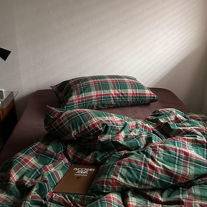 MKXI Vintage Buffalo Plaid Duvet Cover Set 3-Piece | 100% Washed Cotton Reversible Bedding Green/Red Checkered Twin Size with Zipper & Corner Ties Farmhouse & Shabby Chic Design