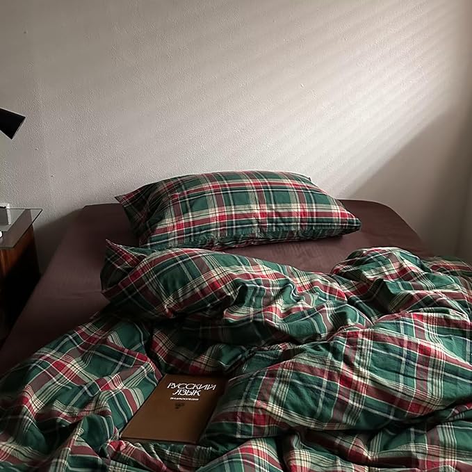 MKXI Vintage Buffalo Plaid Duvet Cover Set 3-Piece | 100% Washed Cotton Reversible Bedding Green/Red Checkered Twin XL Size with Zipper & Corner Ties Farmhouse & Shabby Chic Design