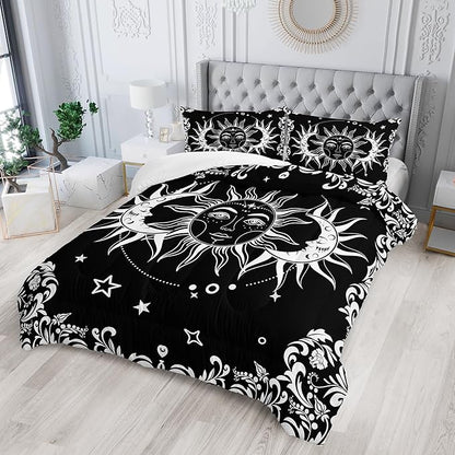 Boho Queen Comforter Set for Girls - Bohemian Gothic Western Hippie Bedding Decor - Black and White Sun and Moon Design