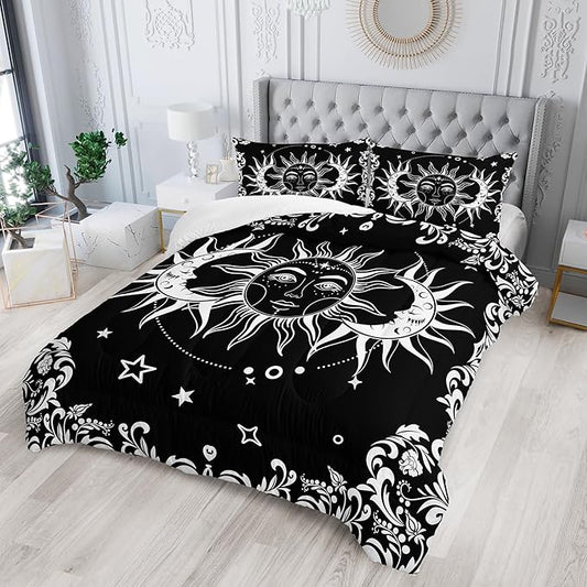 Boho Queen Comforter Set for Girls - Bohemian Gothic Western Hippie Bedding Decor - Black and White Sun and Moon Design