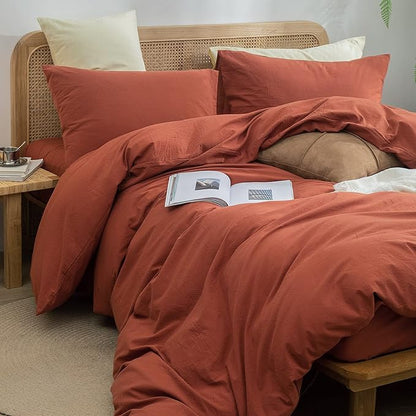 BESTOUCH Duvet Cover Set 100% Washed Cotton Linen Feel Super Soft Comfortable Chic Lightweight 3 PCs Home Bedding Set Solid Crimson Red Cal King