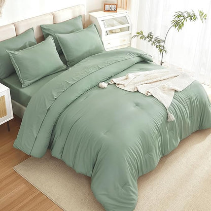 Litanika Comforter California King Size Set Sage Green - 7 Pieces Bed in a Bag California King Bedding Comforter Sets, Plain Lightweight Bed Set with Comforter, Sheets, Pillowcases & Shams
