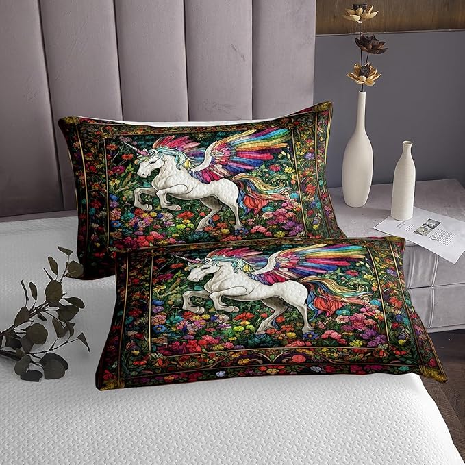 Cartoon Unicorn Wing Kids Bedspread Twin Size,Daisy Flowers Leaves Rustic Coverlet Set,Boys Girls Room Decor,Tale Castle Animal Boho Quilted Coverlet,Watercolor Retro Bedding Quilt,1 Pillowcase