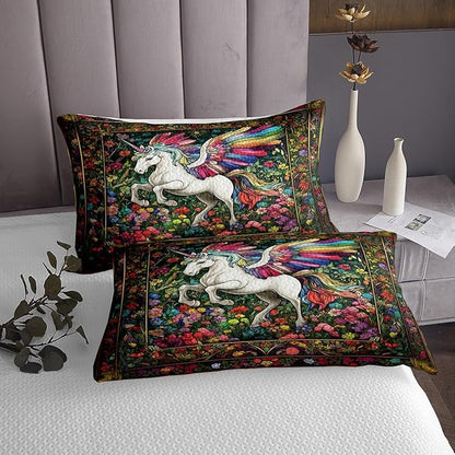 Cartoon Unicorn Wing Kids Bedspread Queen Size,Daisy Flowers Leaves Rustic Coverlet Set,Boys Girls Room Decor,Tale Castle Animal Boho Quilted Coverlet,Watercolor Retro Bedding Quilt,2 Pillowcases