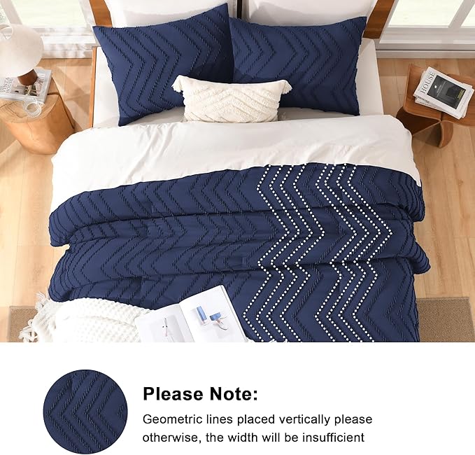 Litanika Comforter Oversized King Size Set Navy Blue, 3 Pieces Chevron Tufted Solid Bedding Comforter Sets, Fluffy Bed Set
