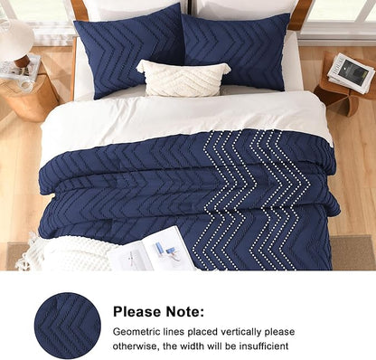 Litanika Comforter Oversized King Size Set Navy Blue, 3 Pieces Chevron Tufted Solid Bedding Comforter Sets, Fluffy Bed Set