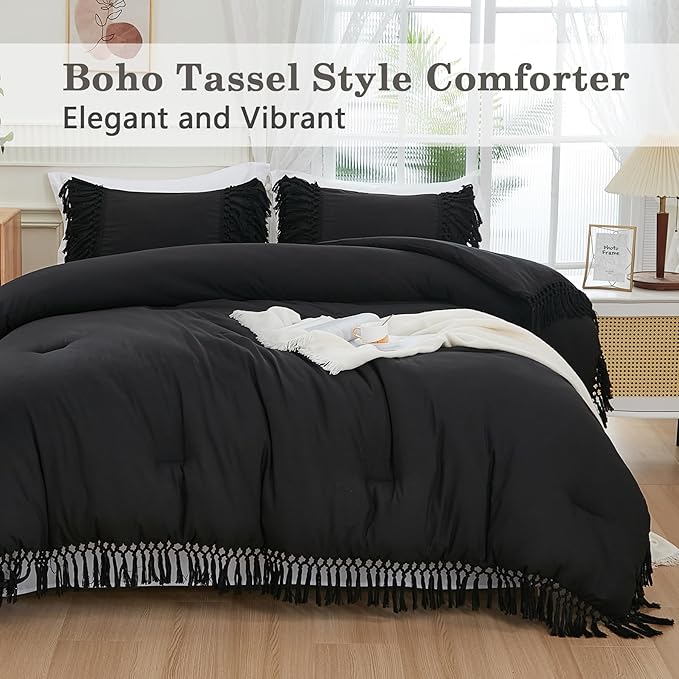 Andency Black Comforter Set King, 3 Pieces Boho Tassel Lightweight Soft Bedding Comforter Sets for King Bed, All Season Fluffy Fringe Bed Set (104x90In Comforter & 2 Pillowcases)